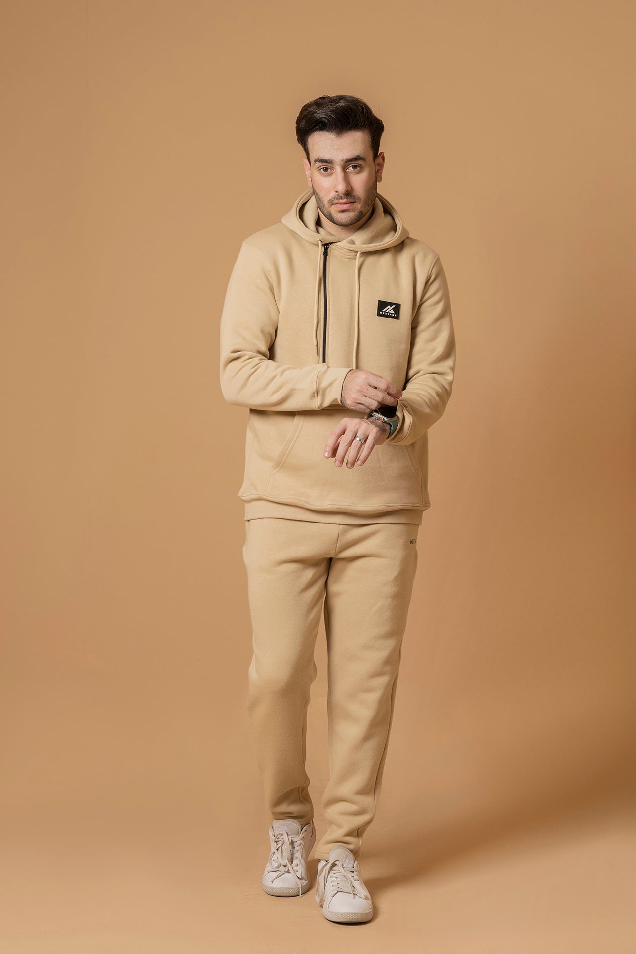 Oatmeal Unique Zipper Slogan Hooded Tracksuit Winter Tracksuit
