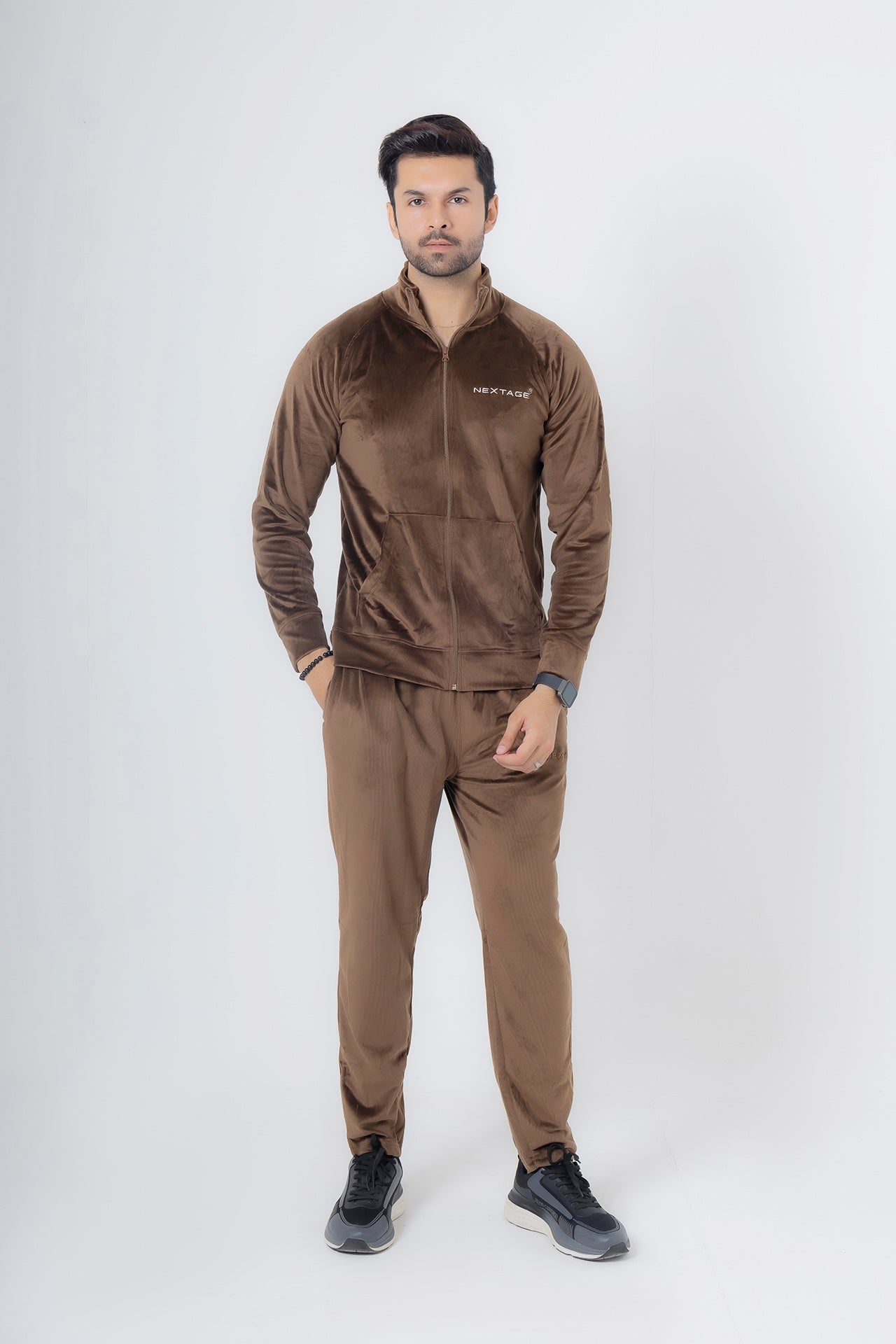 Nextage Corduroy Brown Embroidered Tracksuit Sports tracksuit