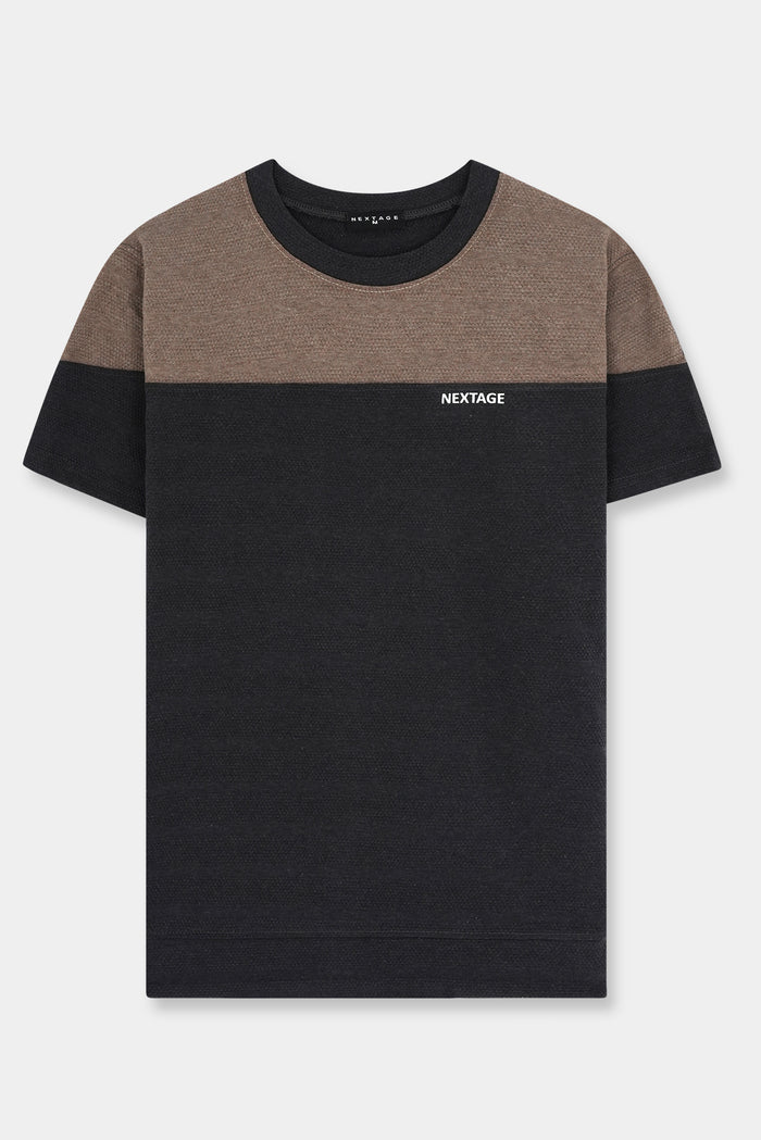 Nextage Charcoal Beige Panel Round Neck T-Shirt