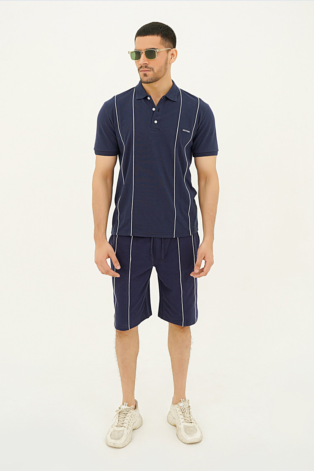 Nextage Blue Embroidered Piping Short Set