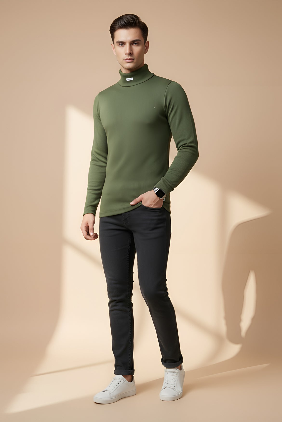 Nextage Green Ribbed Mock Neck Shirt