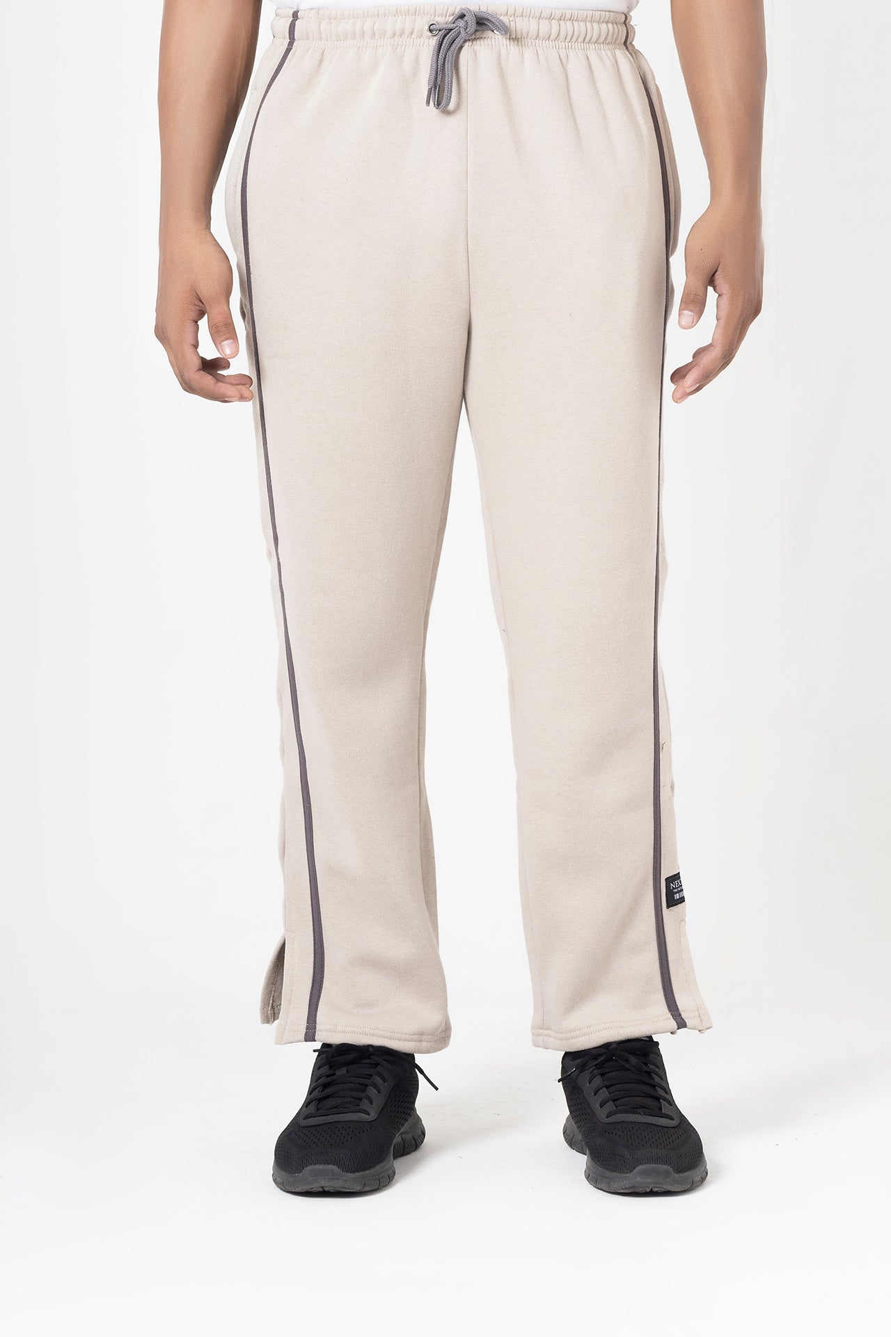 Beige Side Stripe Straight Leg Split Hem Trouser