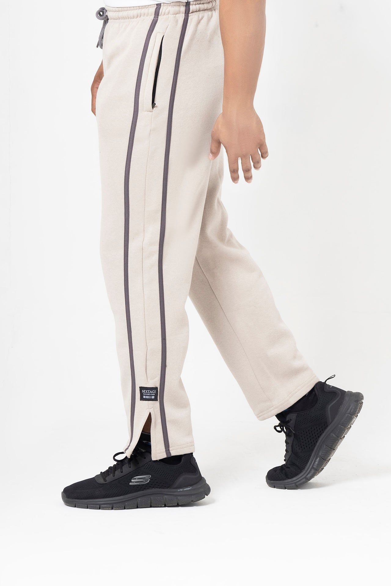 Beige Side Stripe Straight Leg Split Hem Trouser
