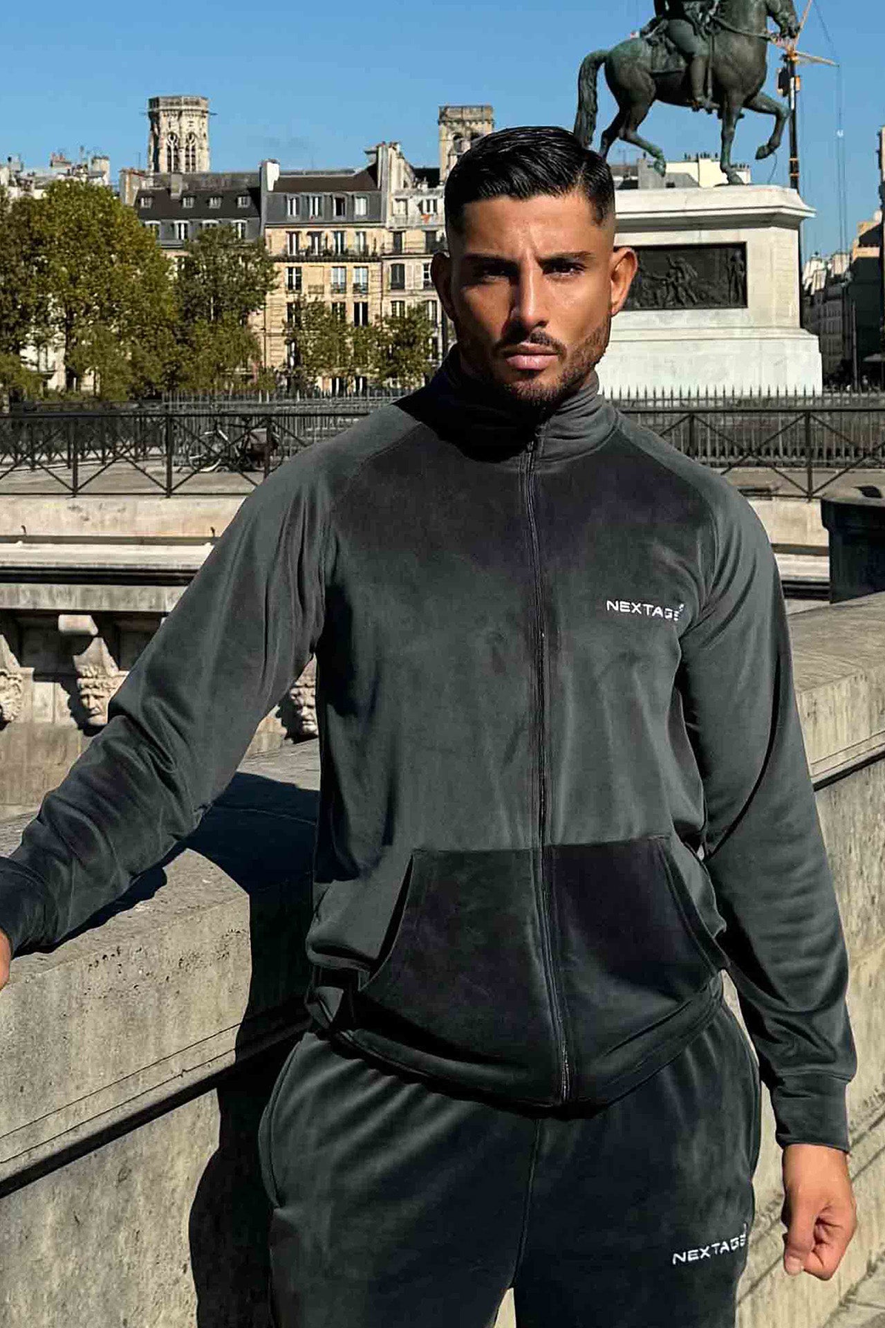 Velour Corduroy Grey Zipper Sweatshirt