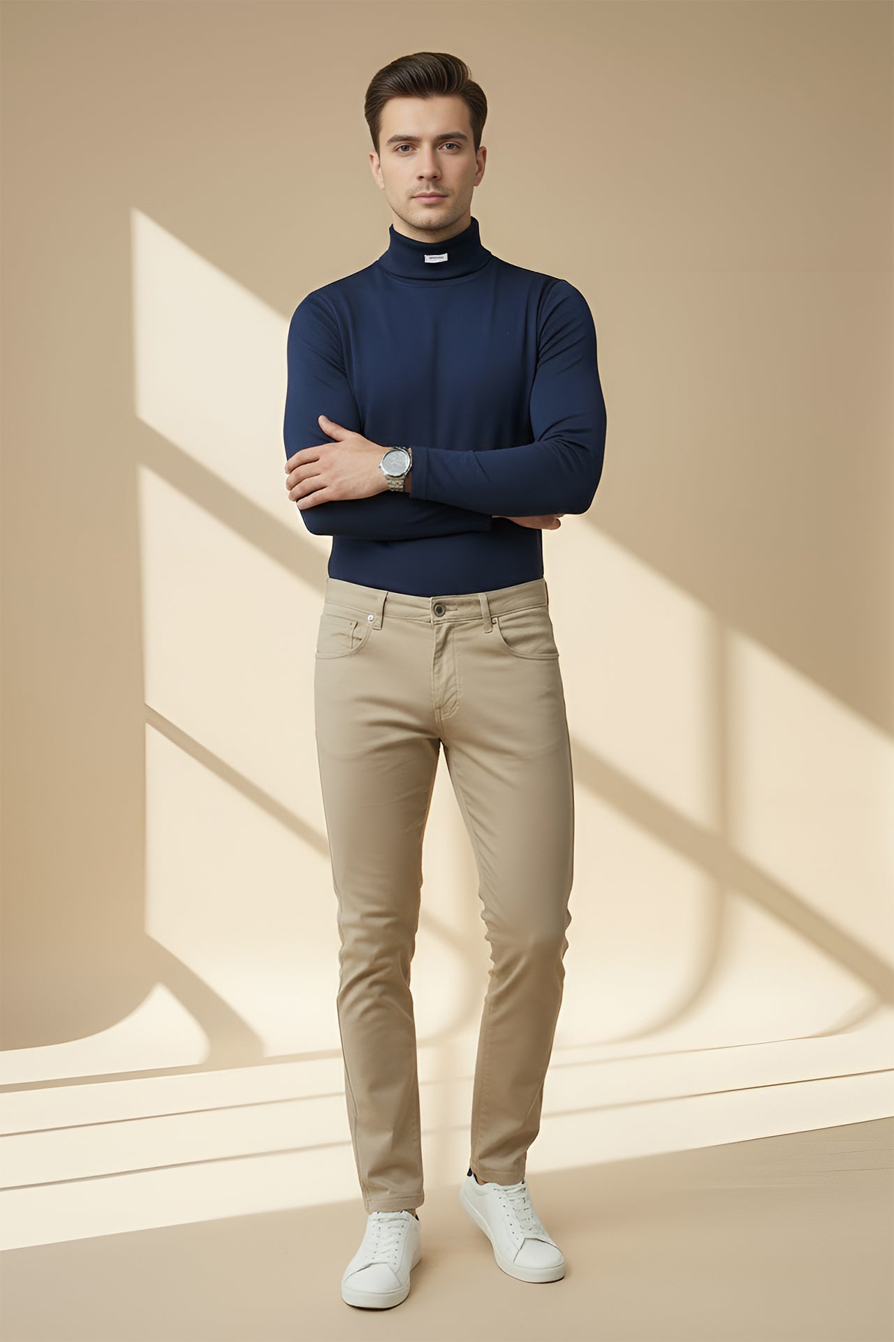 Nextage Navy Ribbed High Neck Shirt