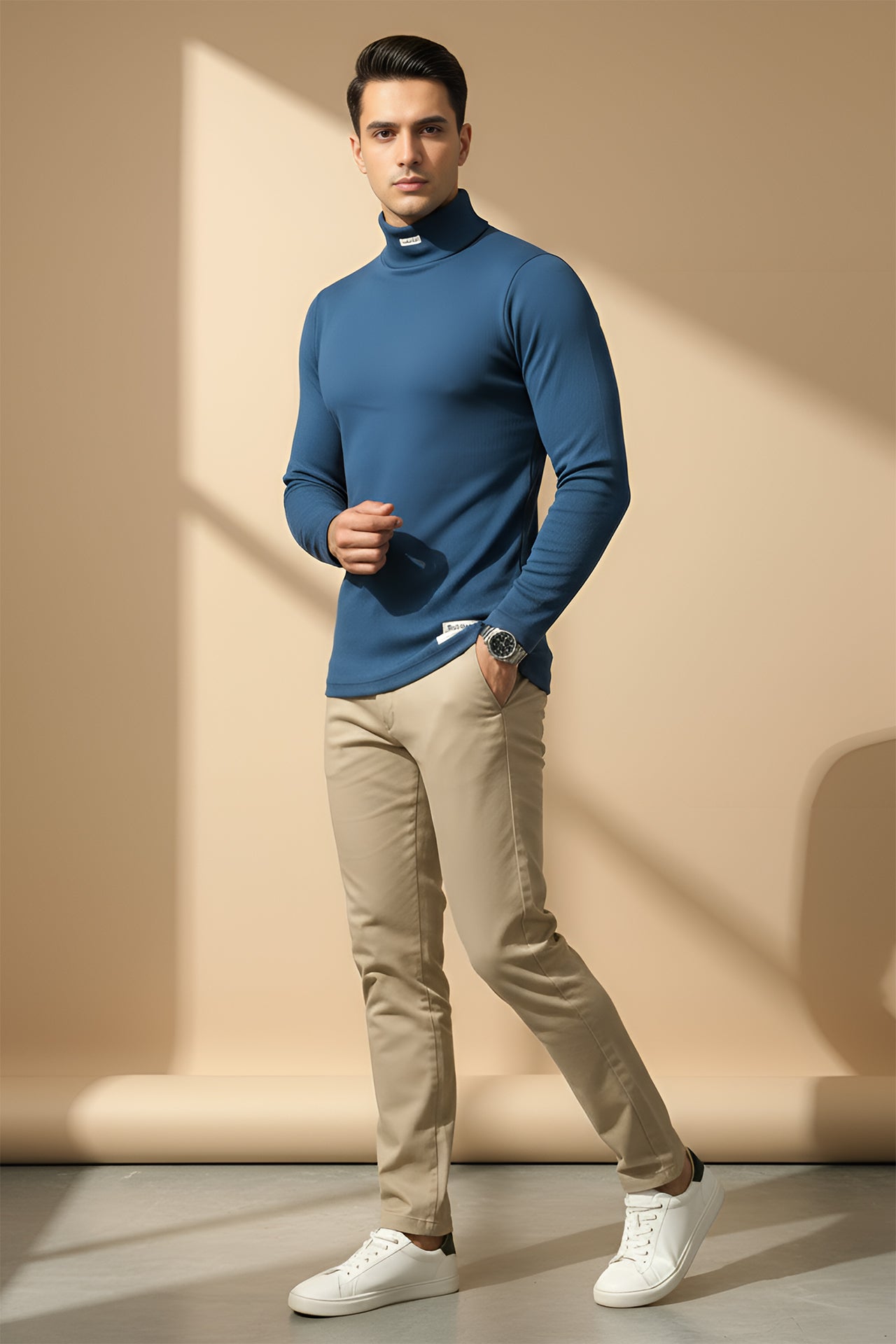 Nextage Blue Ribbed High Neck Shirt