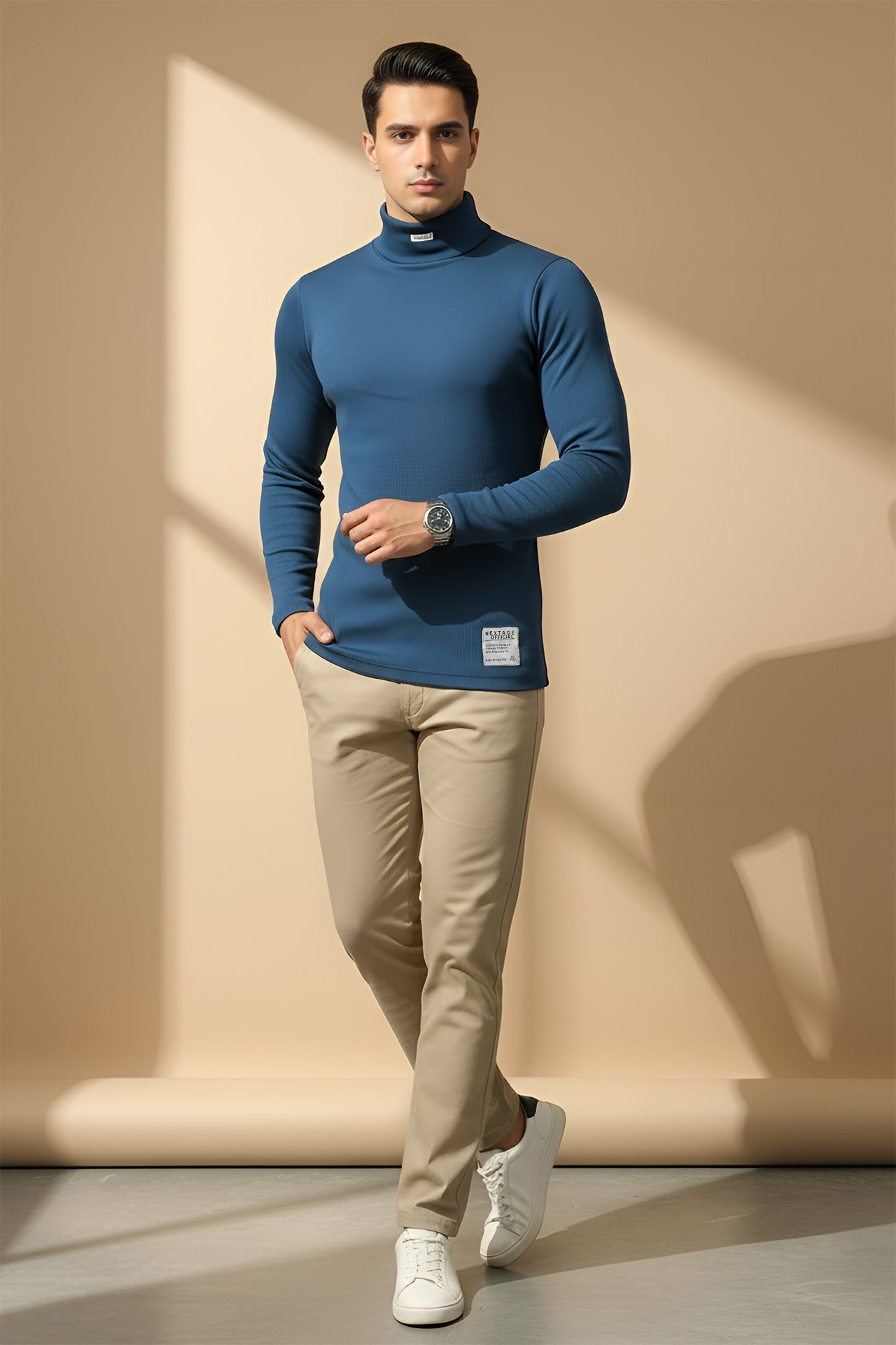 Nextage Blue Ribbed High Neck Shirt