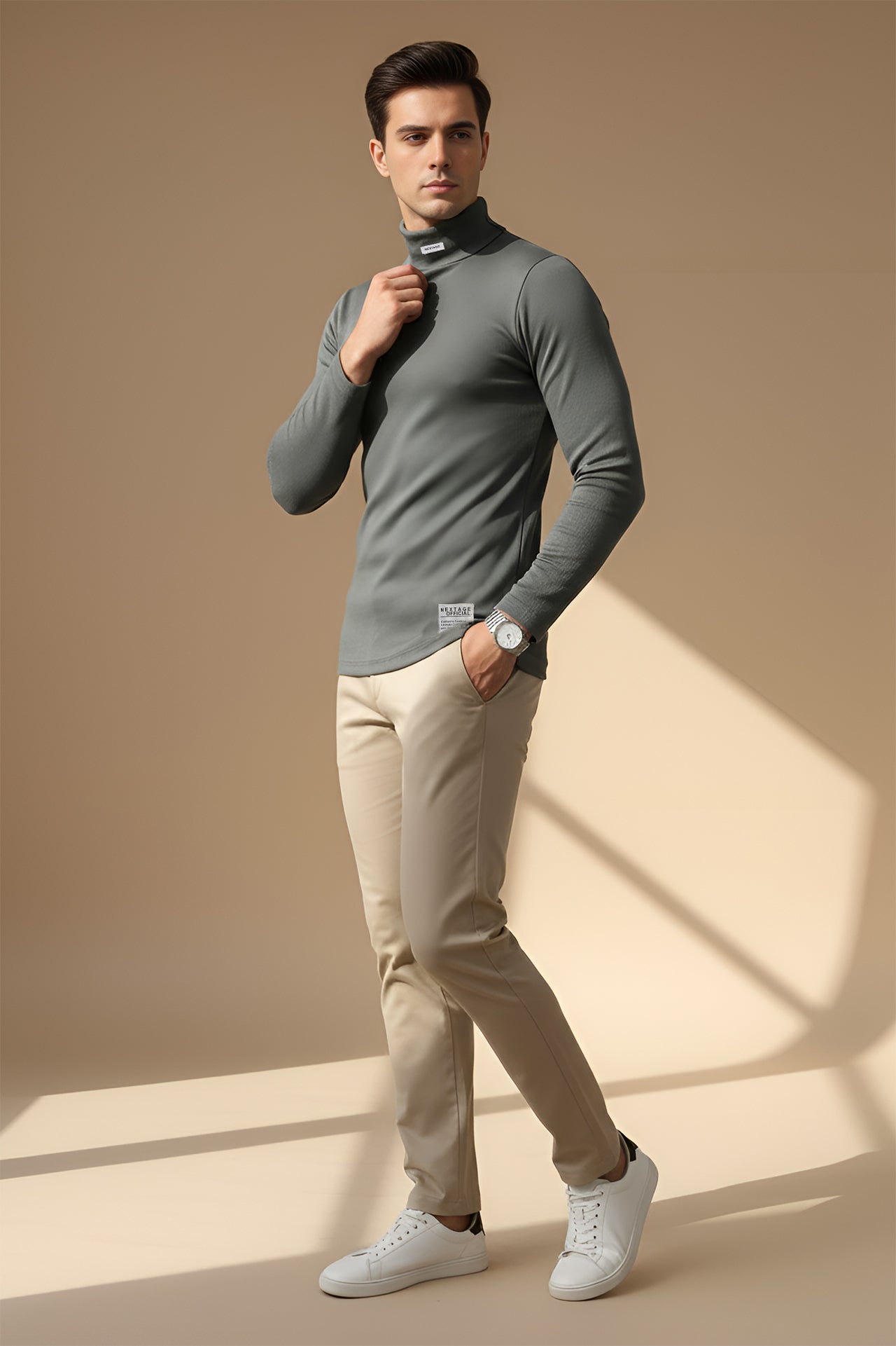 Nextage Smoke Grey Ribbed High Neck Shirt