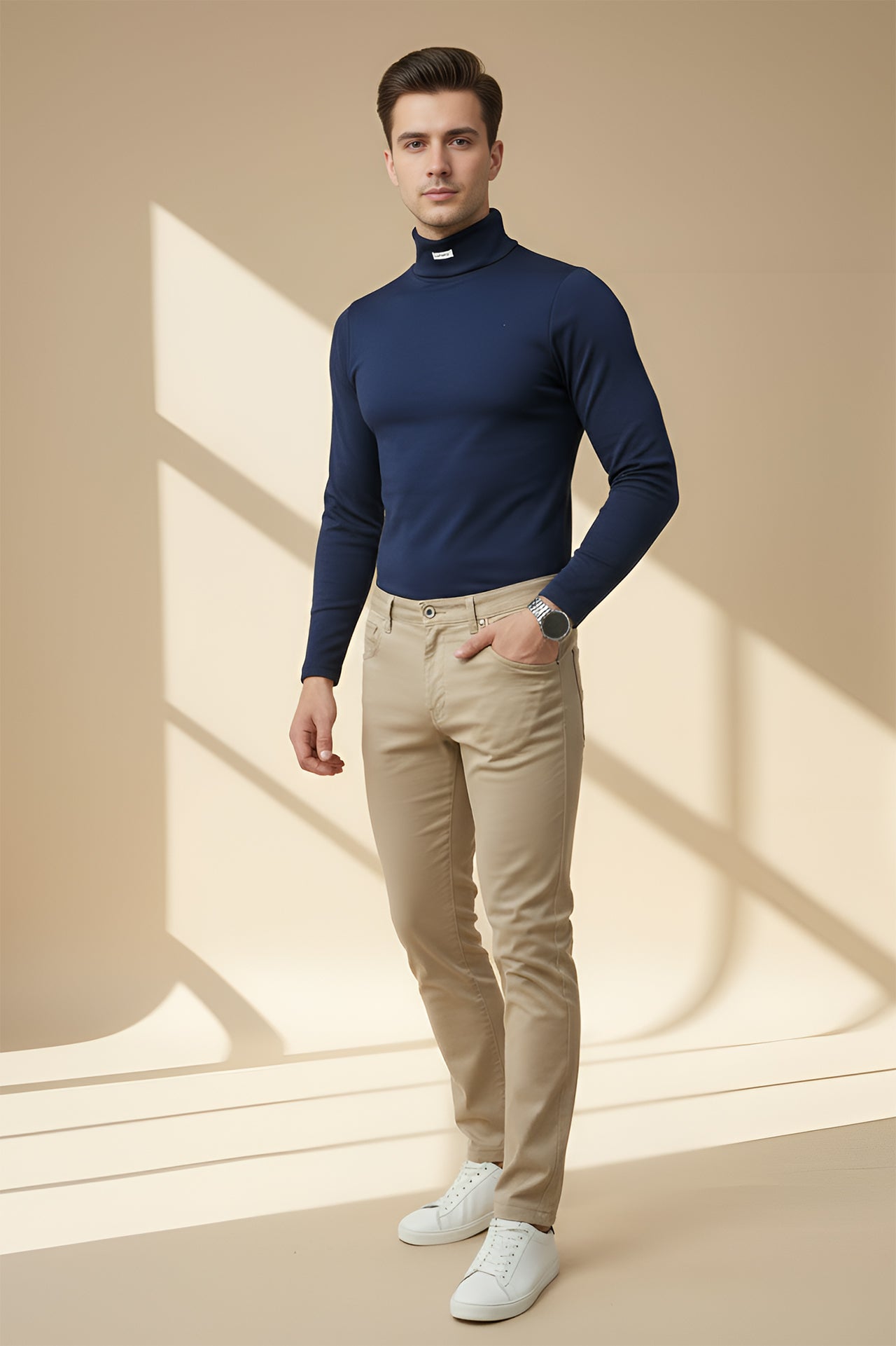 Nextage Navy Ribbed High Neck Shirt