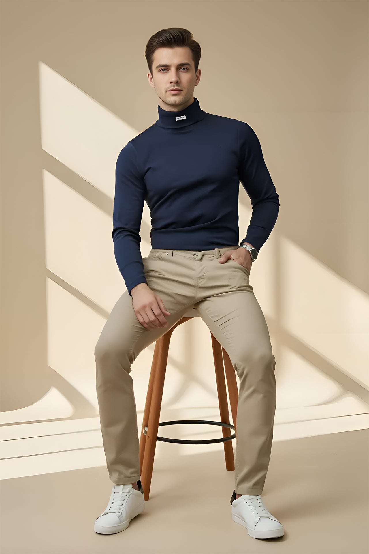 Nextage Navy Ribbed High Neck Shirt