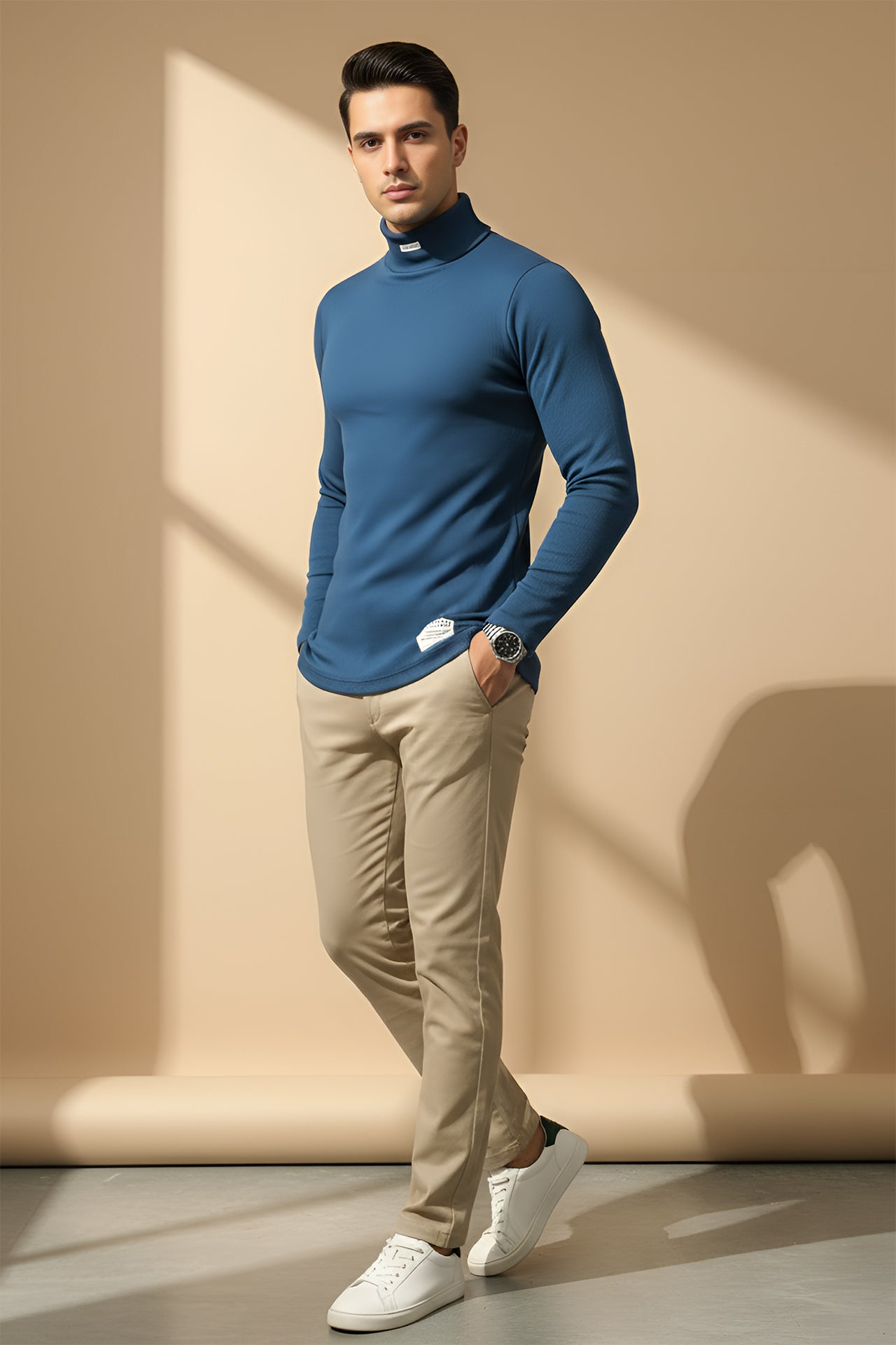 Nextage Blue Ribbed High Neck Shirt