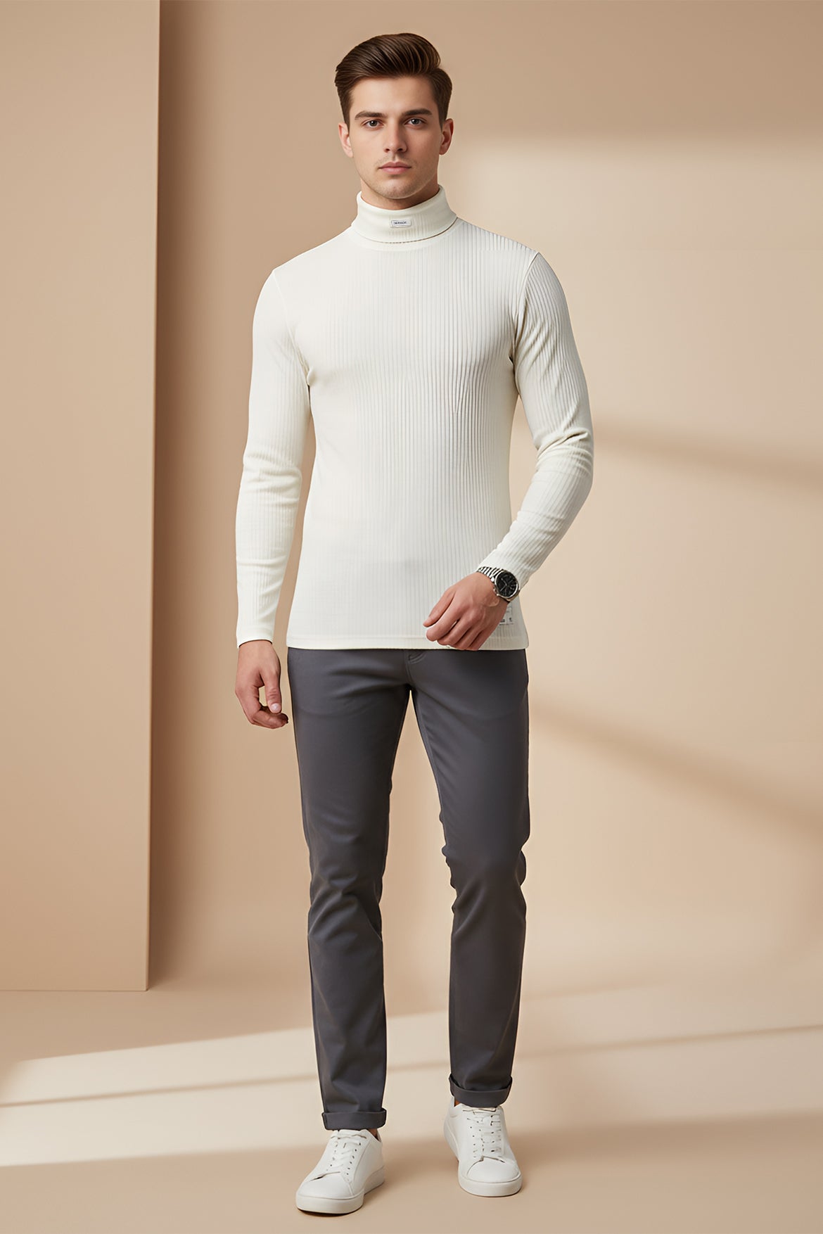 Nextage White Ribbed High Neck Shirt