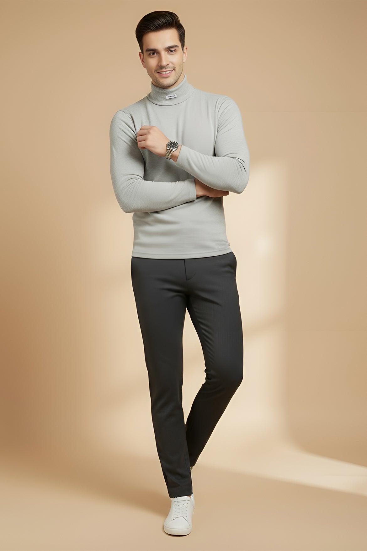 Nextage Sage Green Ribbed High Neck Shirt