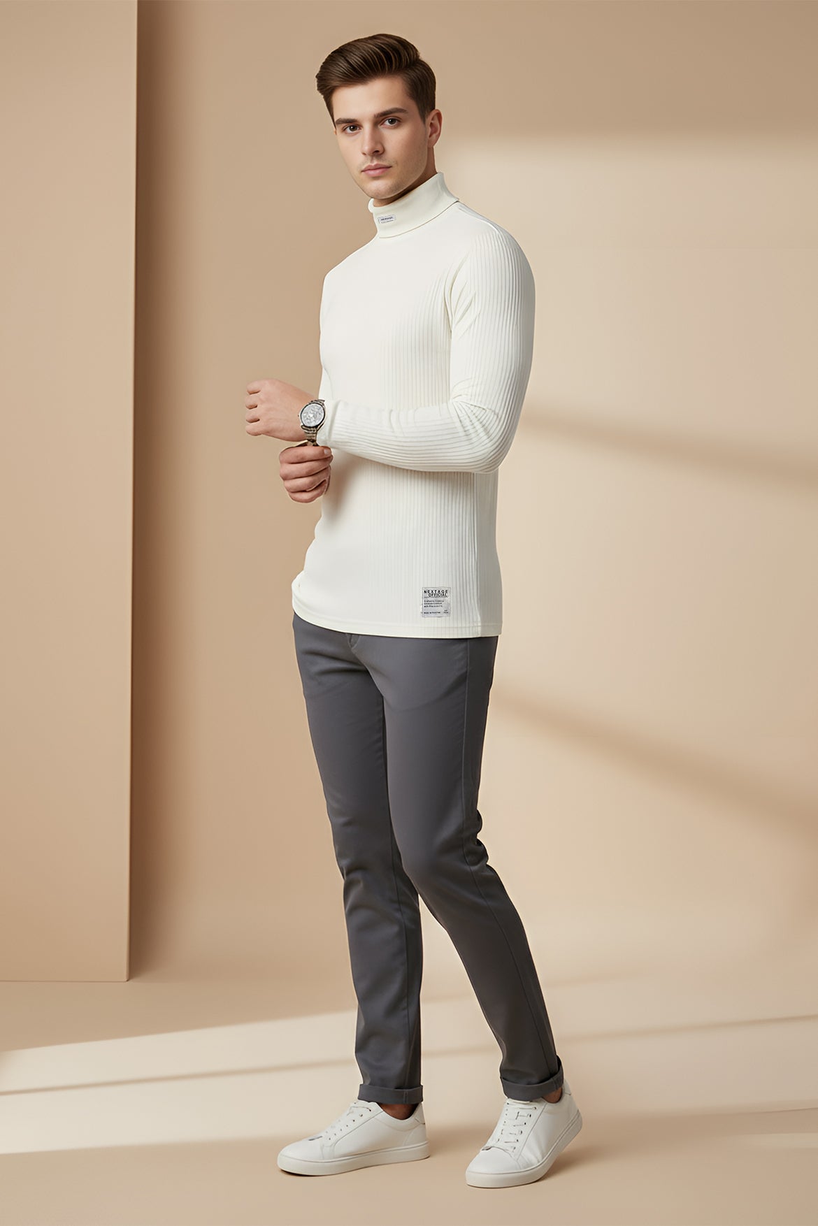 Nextage White Ribbed High Neck Shirt