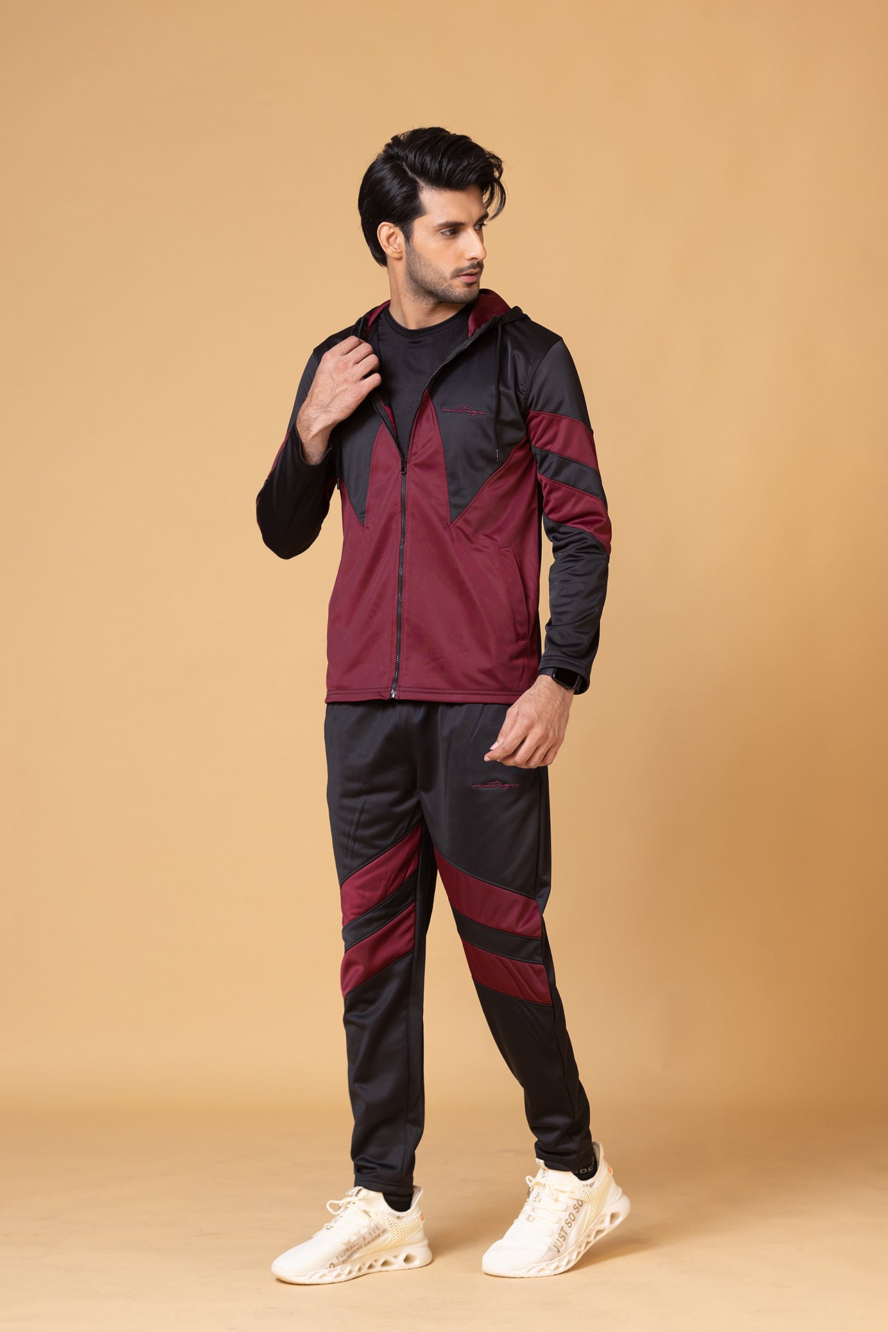 Signature Embroidered Logo Maroon Black Tracksuit