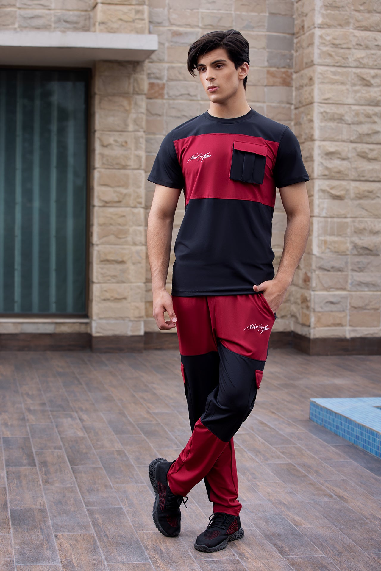 Spandex Black Maroon Cargo Tracksuit