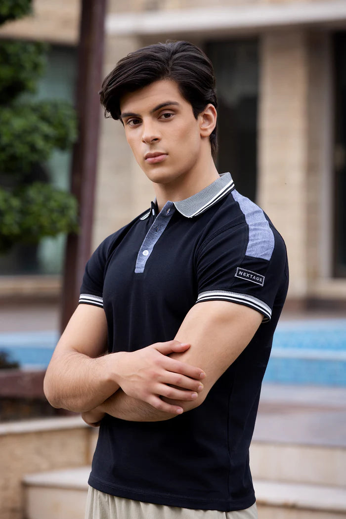 Nextage Black Grey Contrast Collar Polo Shirt