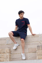 Nextage Navy Blue Knitted Contrast Short Set