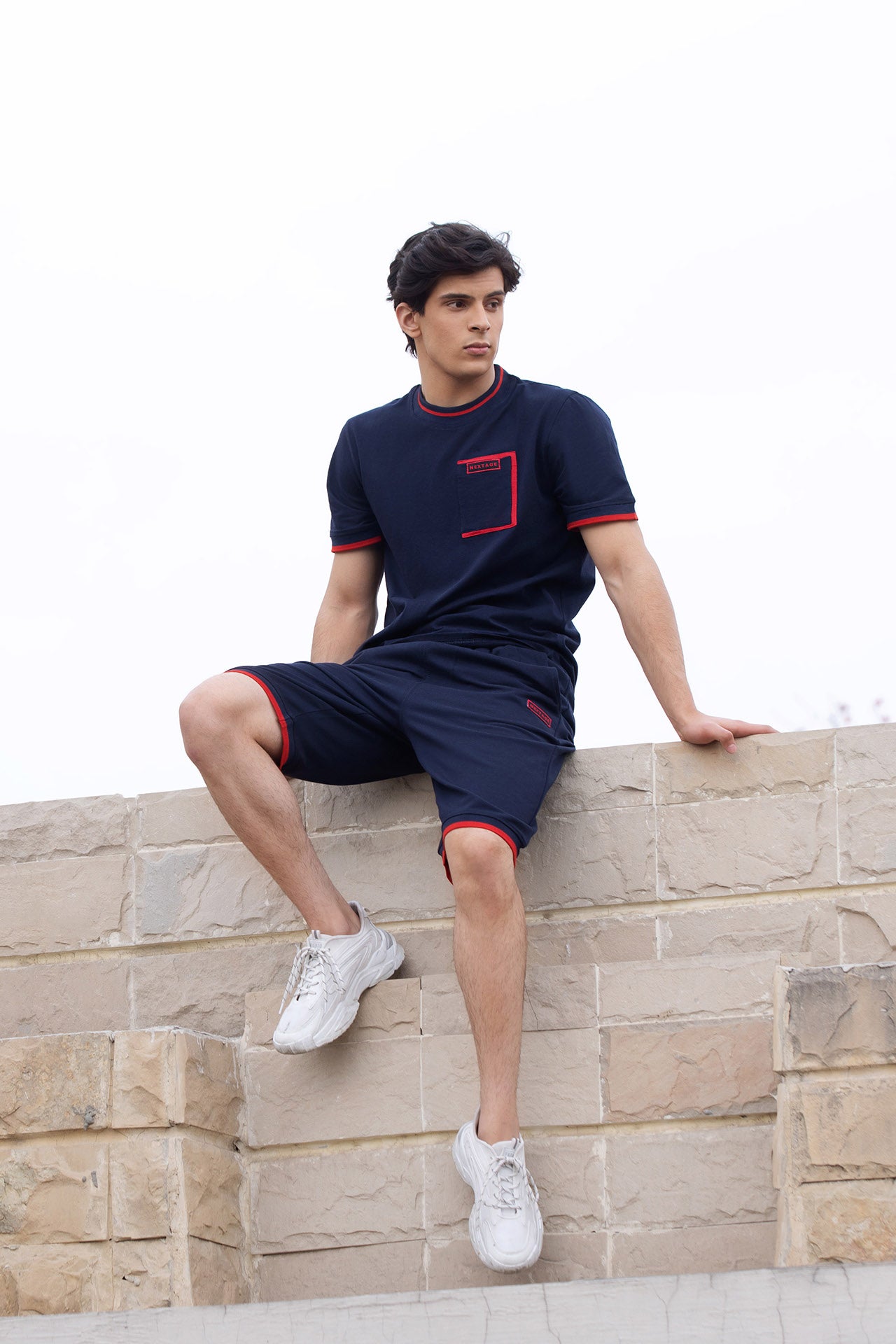 Nextage Navy Blue Knitted Contrast Short Set