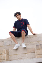 Nextage Navy Blue Knitted Contrast Short Set