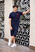 Nextage Navy Blue Knitted Contrast Short Set