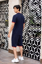 Nextage Navy Blue Knitted Contrast Short Set