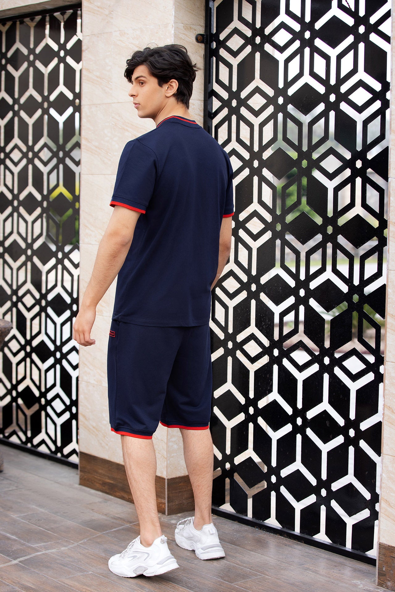 Nextage Navy Blue Knitted Contrast Short Set