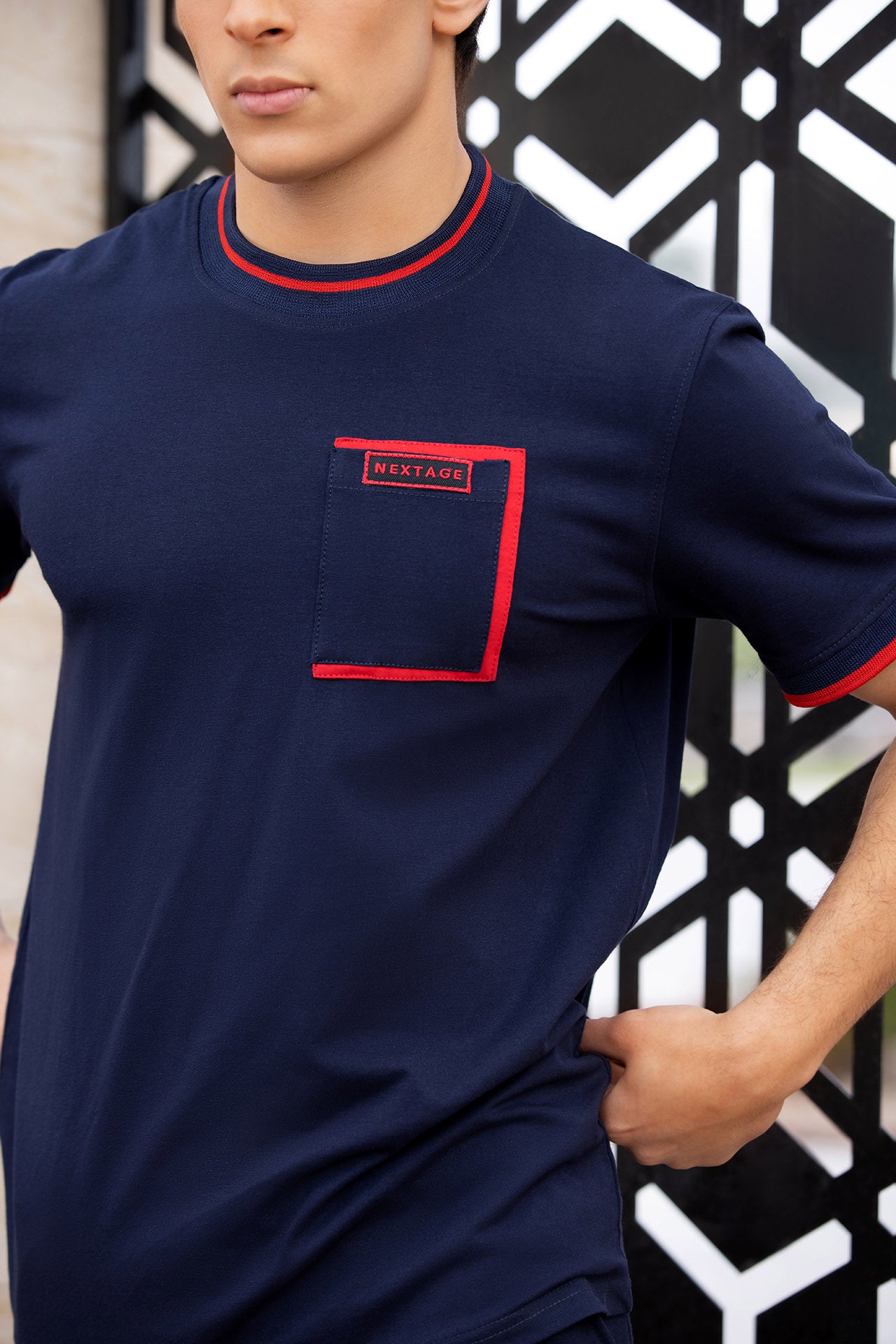 Nextage Navy Blue Knitted Contrast Short Set