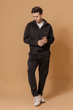 Front view of Nextage men’s black winter tracksuit, slim fit jacket with joggers
