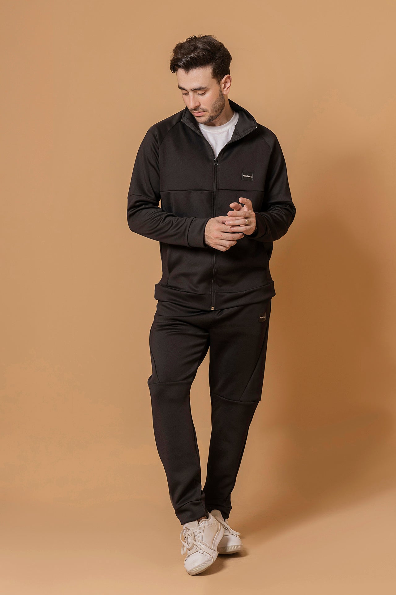Front view of Nextage men’s black winter tracksuit, slim fit jacket with joggers