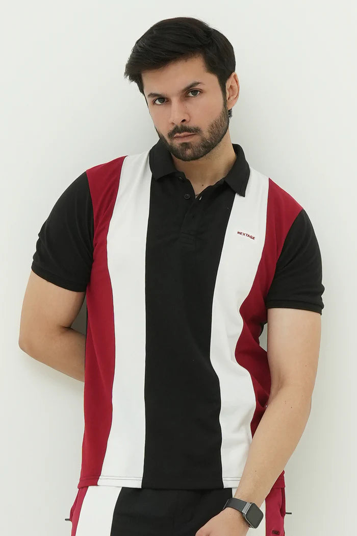 Nextage Black Contrast Striped Polo Shirt