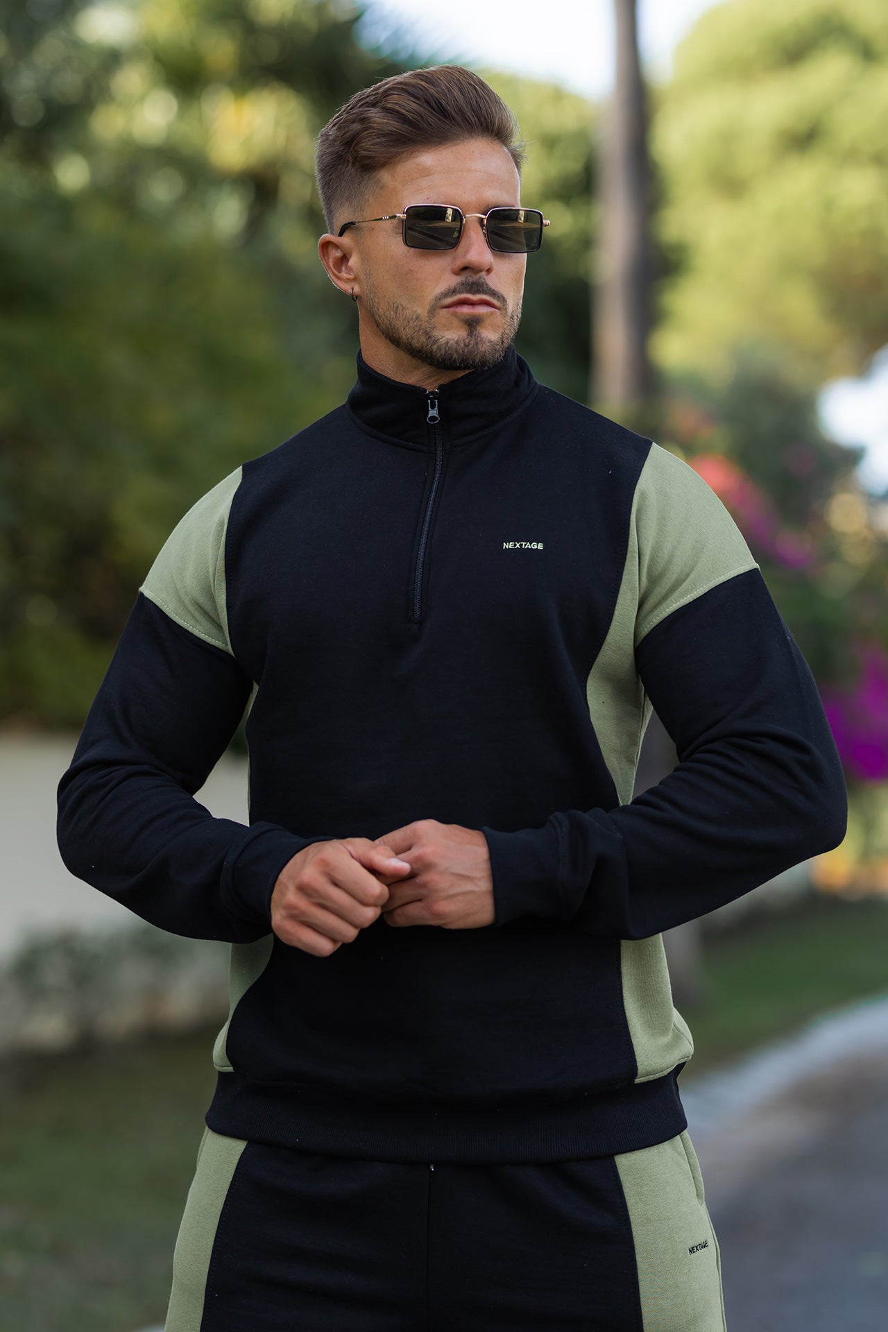 Nextage Men’s Black and Khaki two-tone tracksuit made with premium fabric, ideal for workouts and everyday fashion.