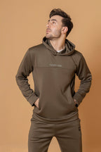 Close Up view of Nextage men’s Olive hoodie tracksuit, stylish two-piece winter outfit