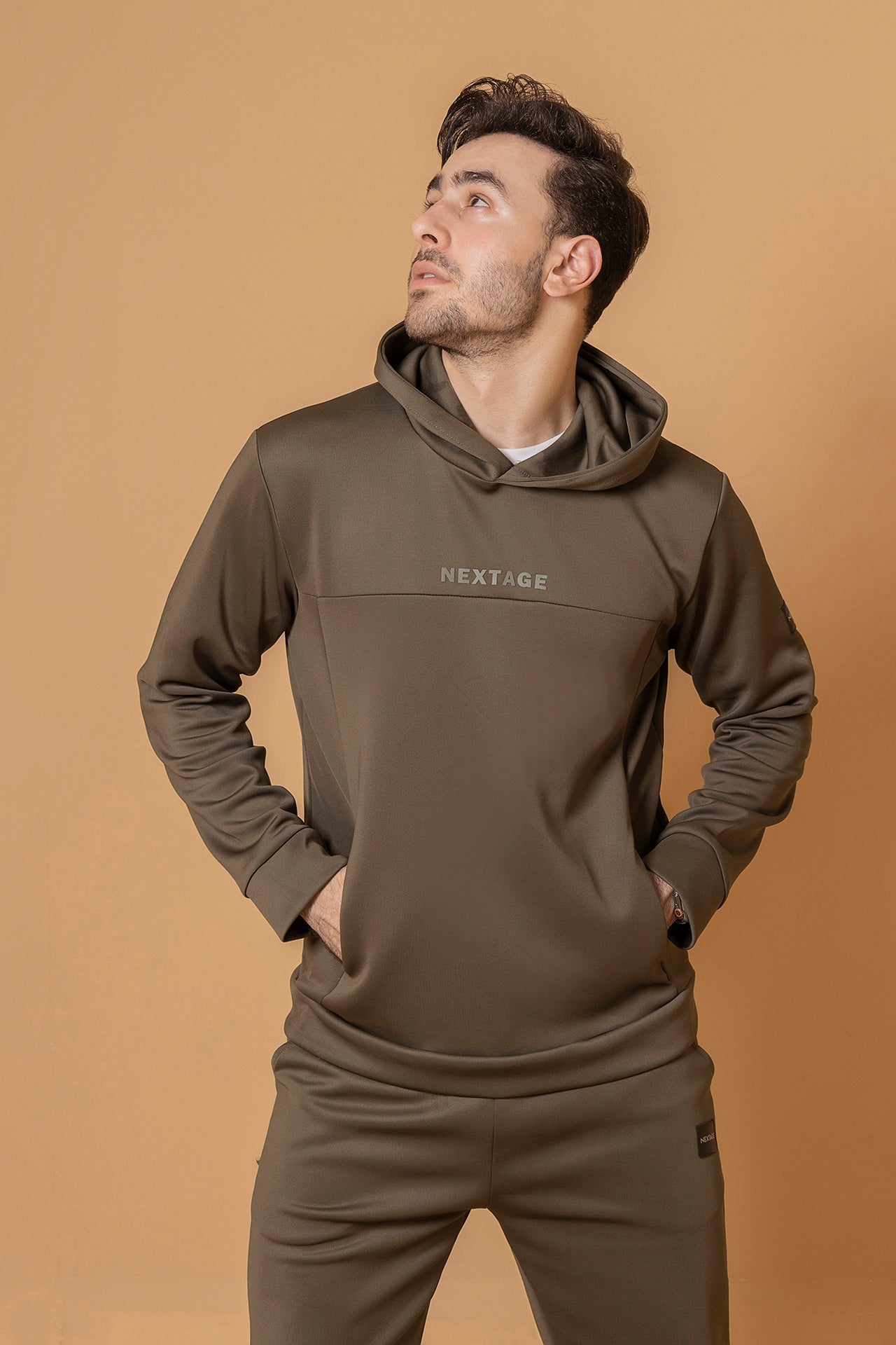 Close Up view of Nextage men’s Olive hoodie tracksuit, stylish two-piece winter outfit