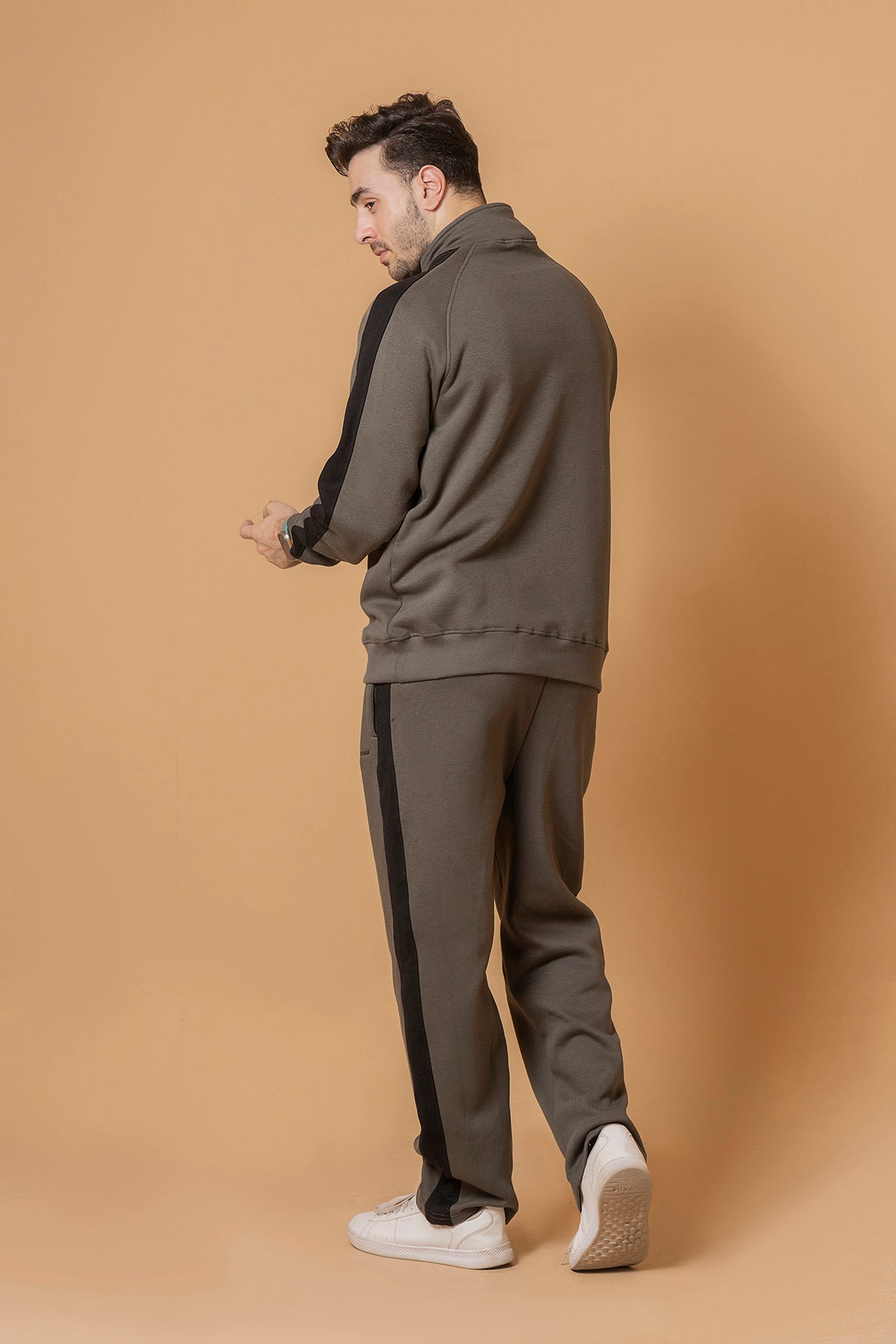 Men's comfortable green black contrast with popper button and trouser side zips coord set