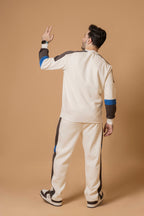 Back view of Nextage contrast cream crew neck cotton tracksuit for men, casual sportswear set