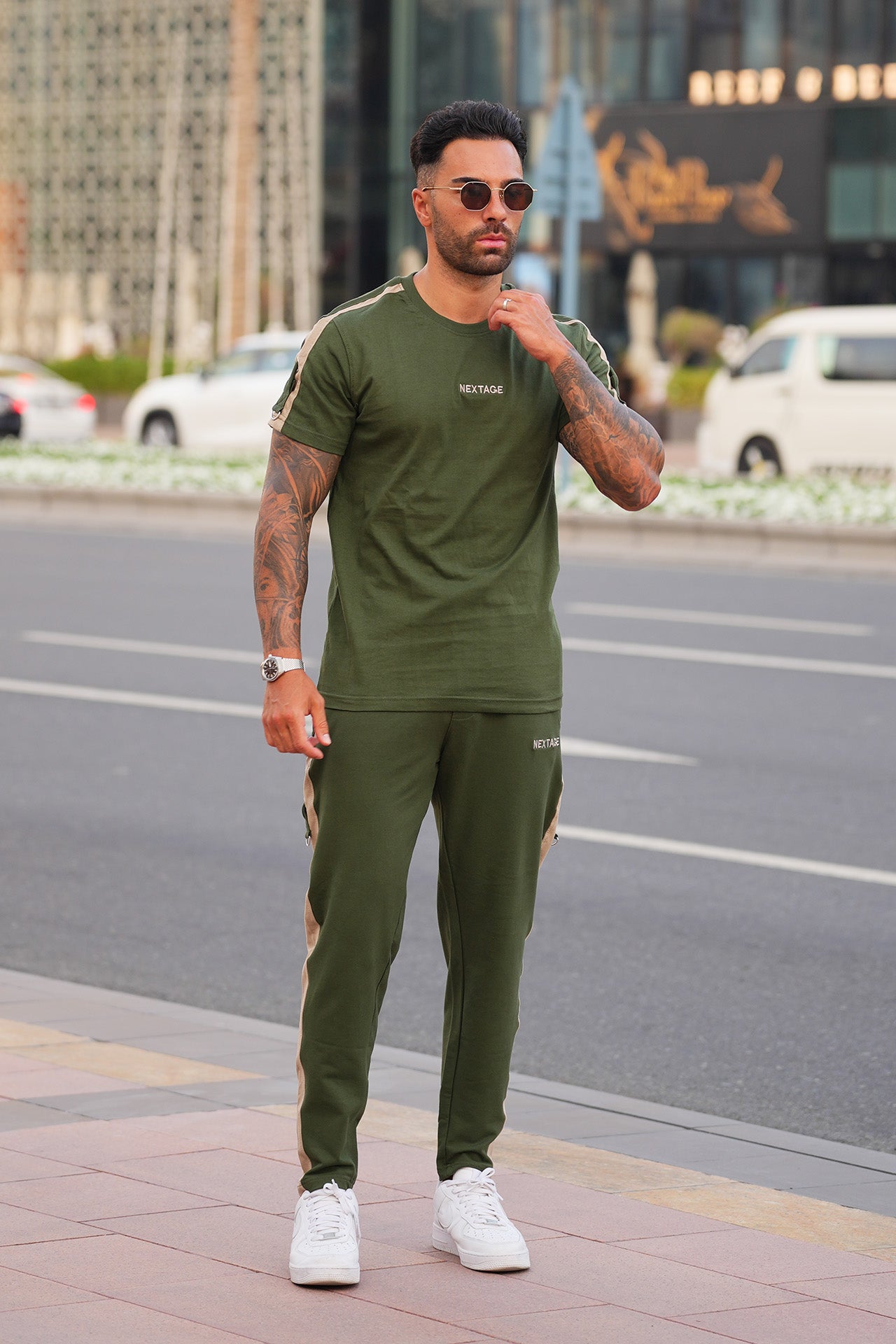 Olive Green Beige Stripe Tracksuit