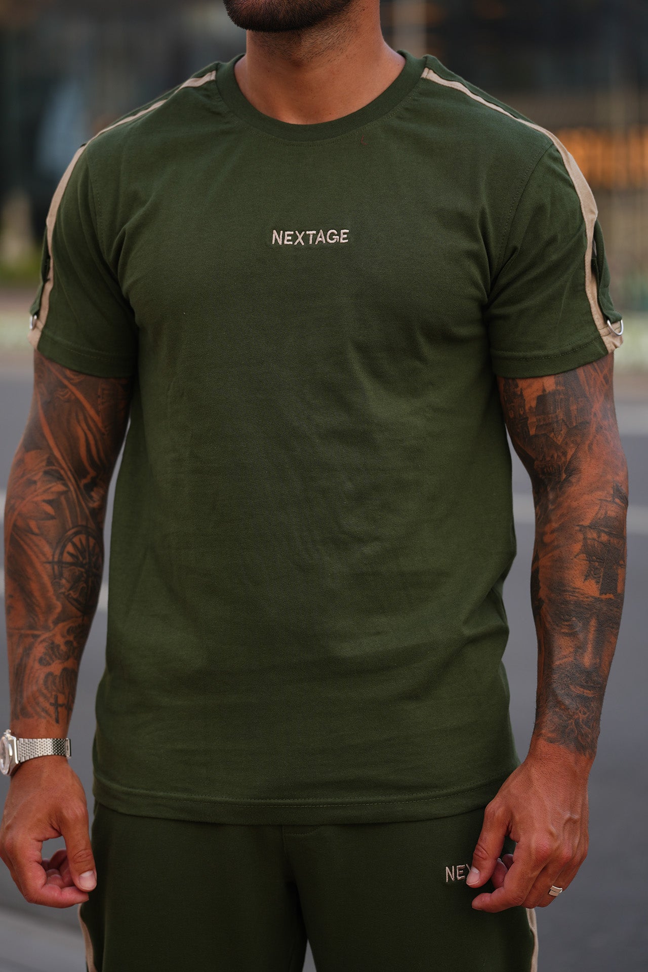 Olive Green Beige Stripe Tracksuit