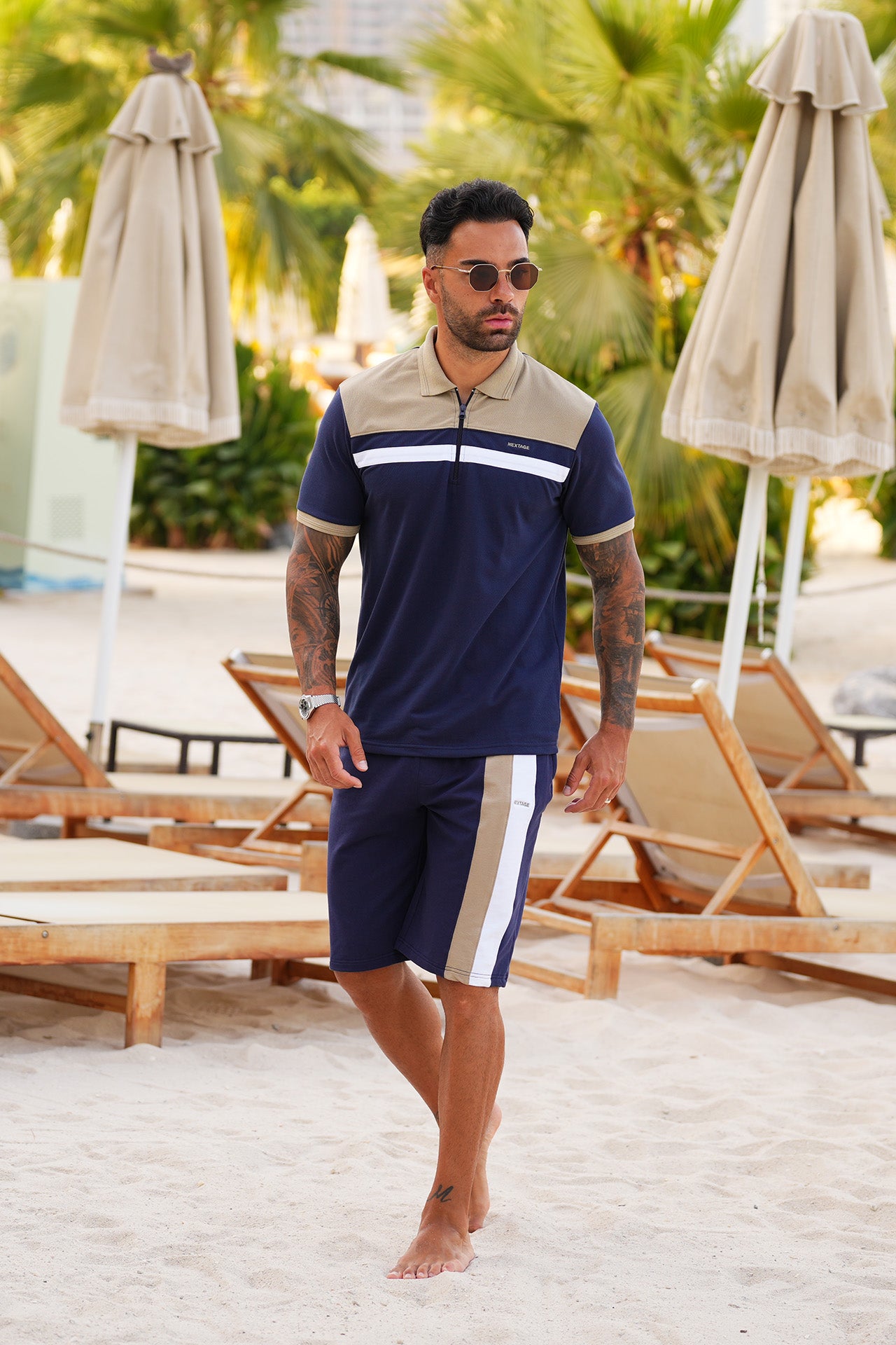 Nextage Navy Beige Polo Short Set