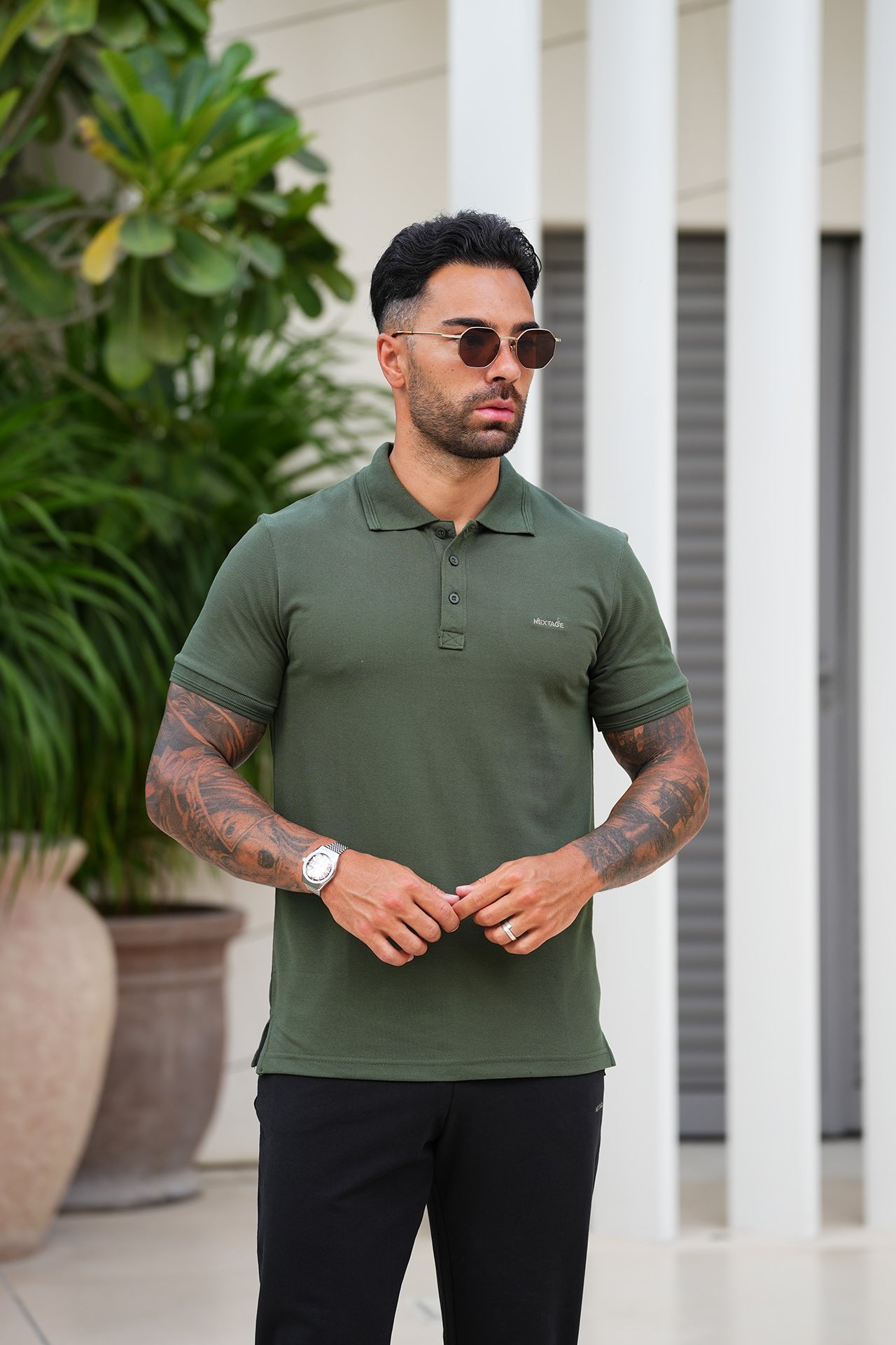 Nextage Olive Green Contrast Polo Tracksuit