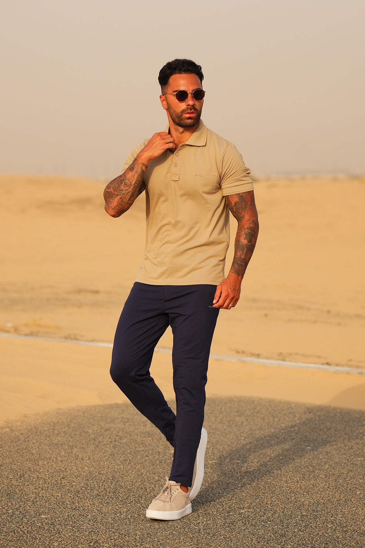 Slogan Embroidered Beige Navy Polo Tracksuit