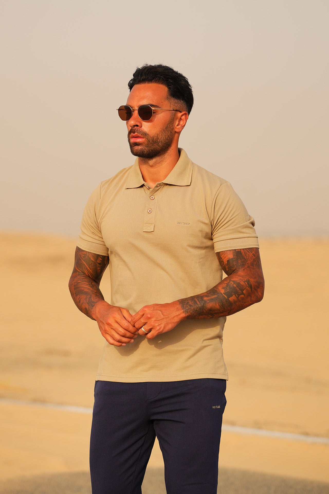 Slogan Embroidered Beige Navy Polo Tracksuit