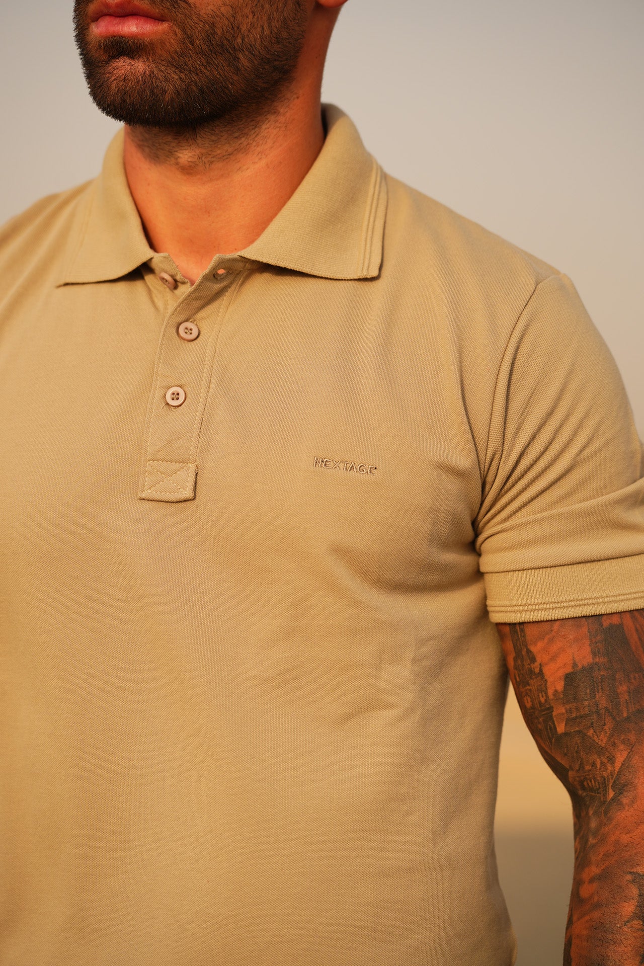 Slogan Embroidered Beige Navy Polo Tracksuit