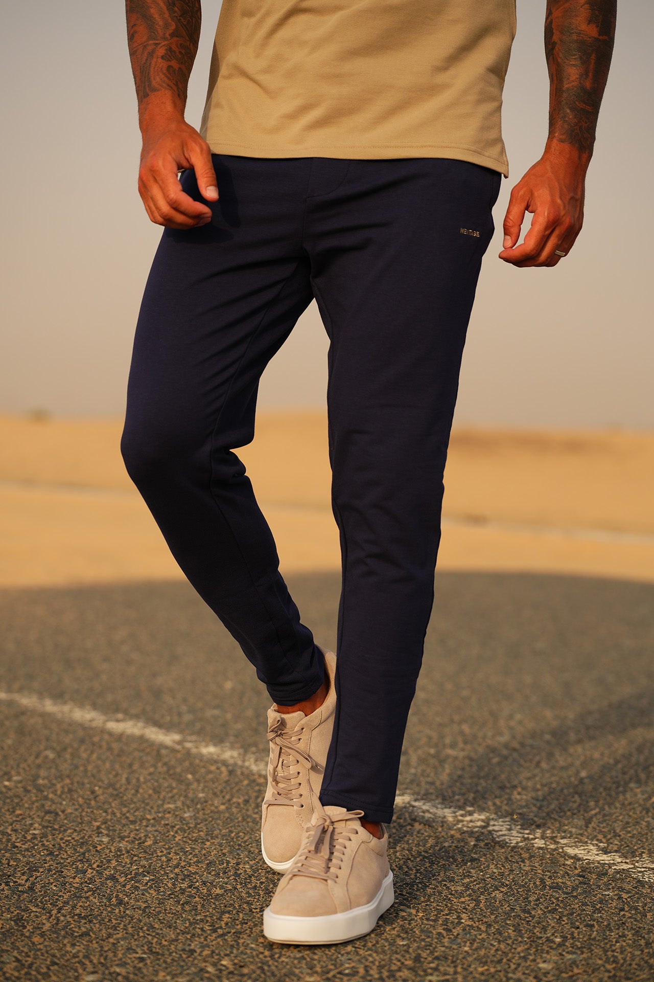 Slogan Embroidered Beige Navy Polo Tracksuit