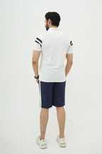 Navy White Contrast Striped Polo Short Set I Nextage