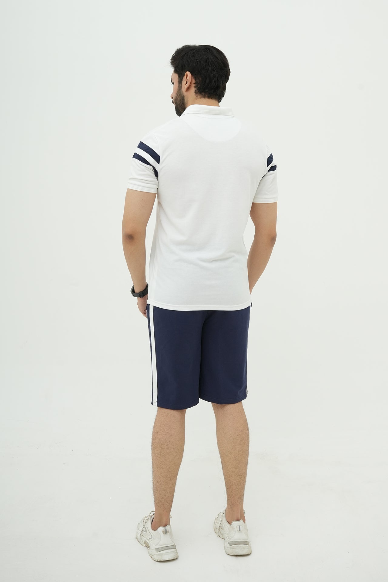 Navy White Contrast Striped Polo Short Set I Nextage
