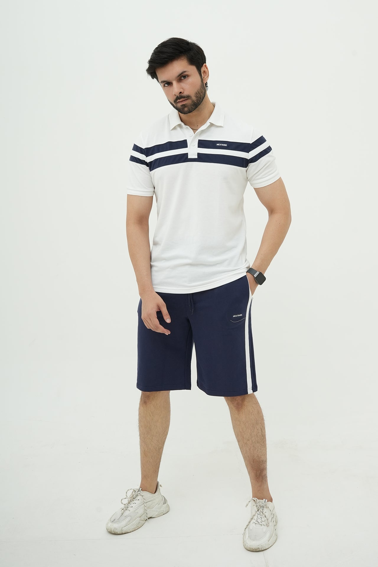 Navy White Contrast Striped Polo Short Set I Nextage