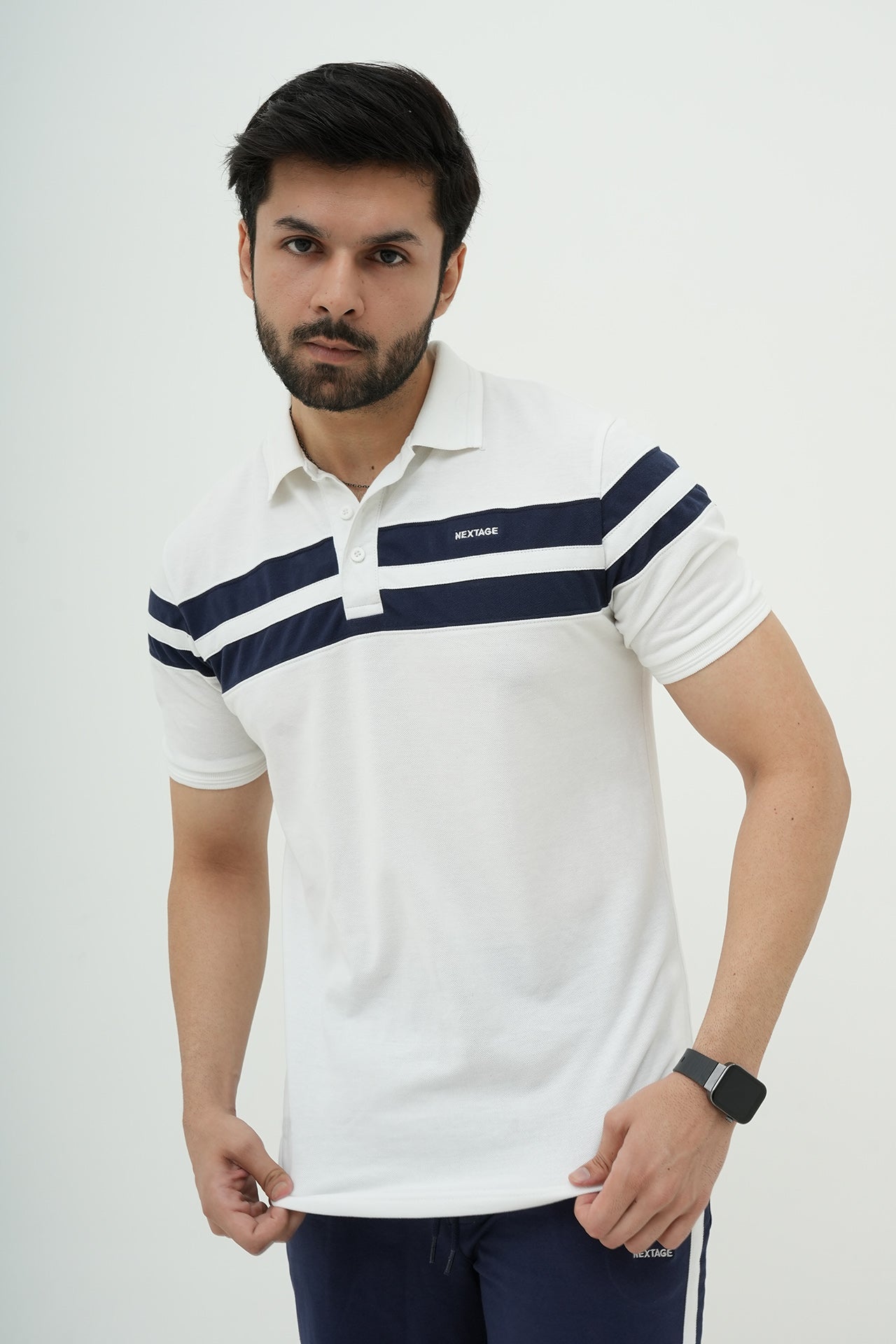 Navy White Contrast Striped Polo Short Set I Nextage
