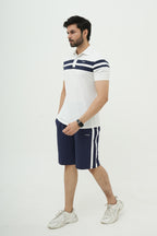 Navy White Contrast Striped Polo Short Set I Nextage