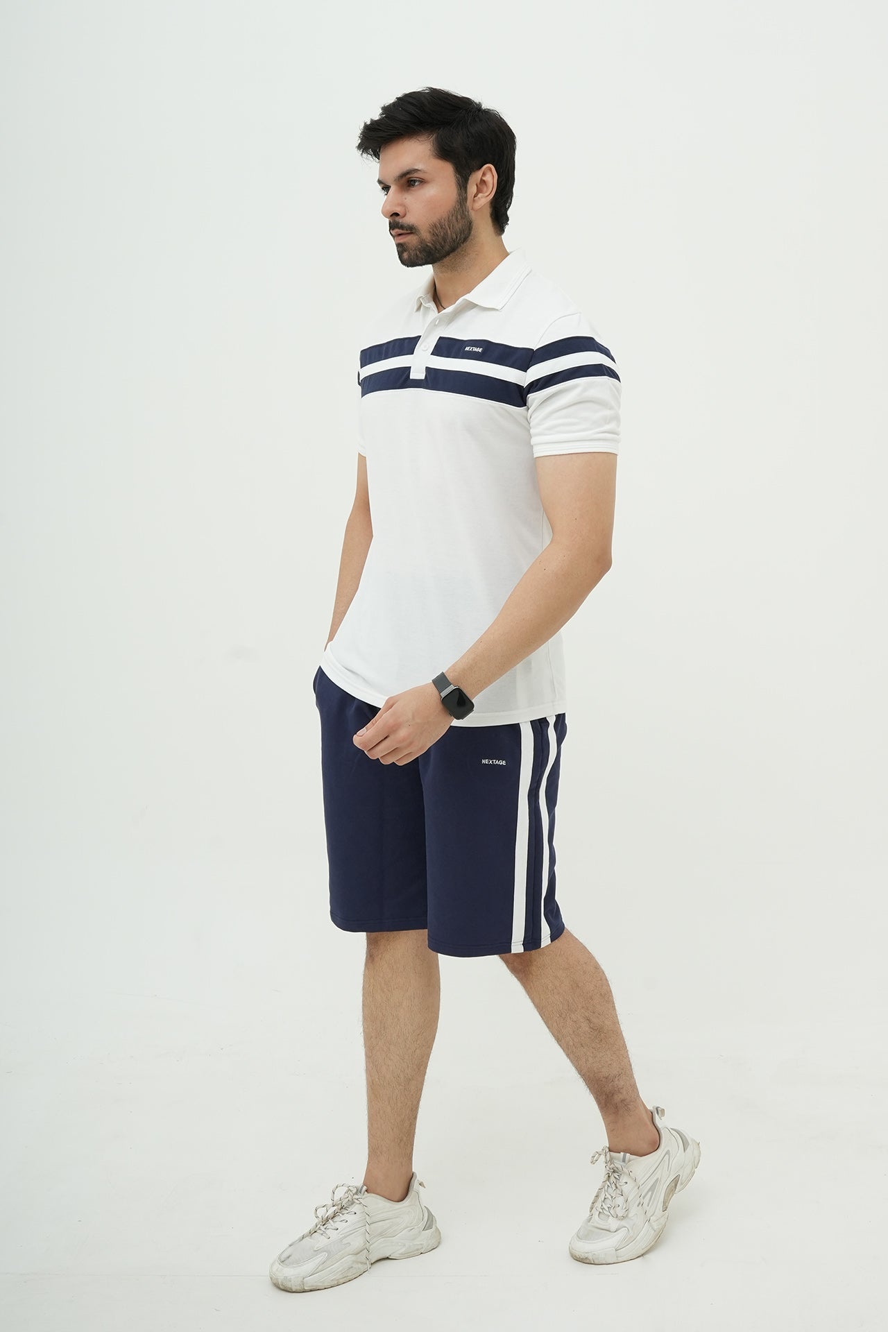 Navy White Contrast Striped Polo Short Set I Nextage